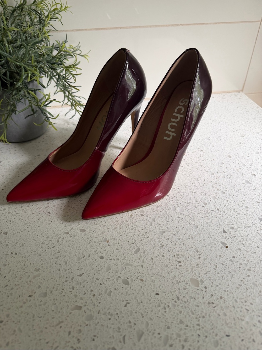 Two-Tone Burgundy and Red Patent Pointed-Toe Heels